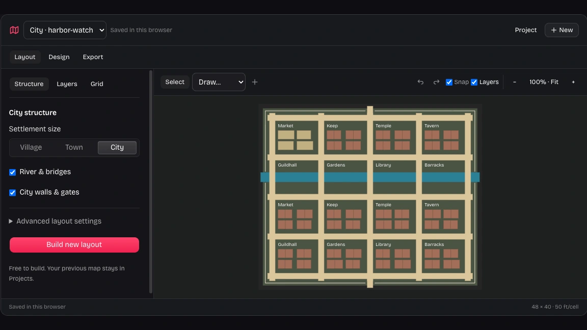 Our DnD city map maker showing editable districts, streets and buildings