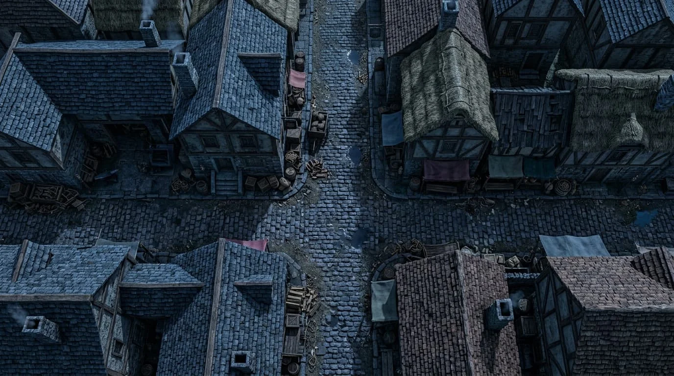 illustration of a street between medieval buildings