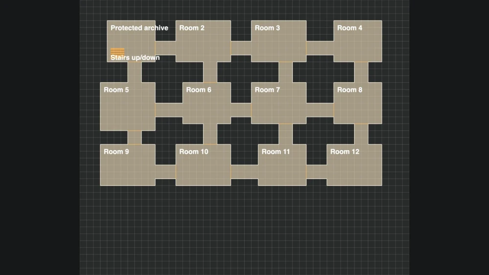 Editable connected dungeon layout with rooms and corridors