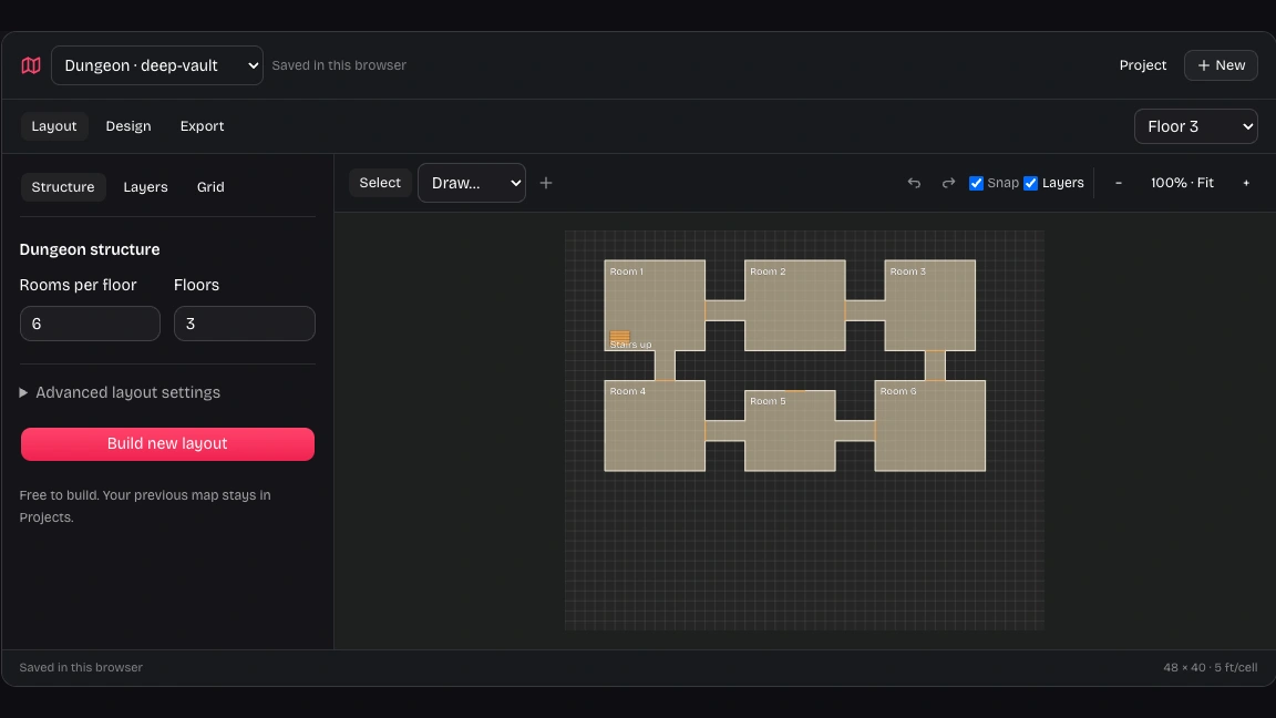 Our dungeon generator showing a separate lower floor and its floor selector