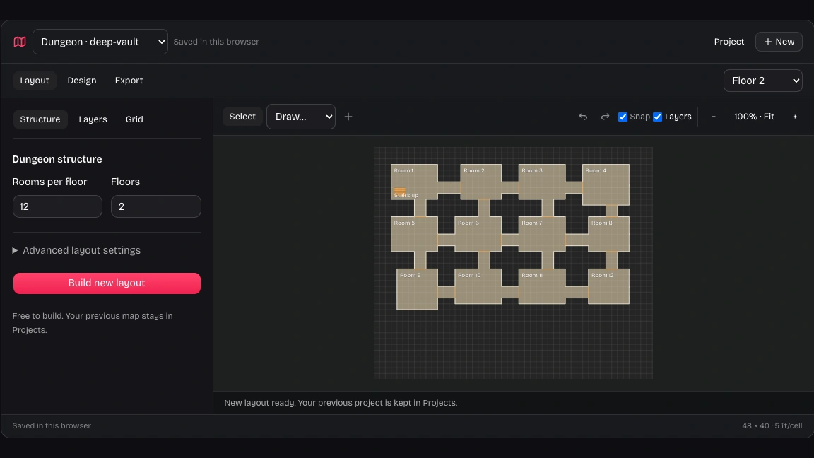 Our dungeon generator showing connected rooms and the layout settings