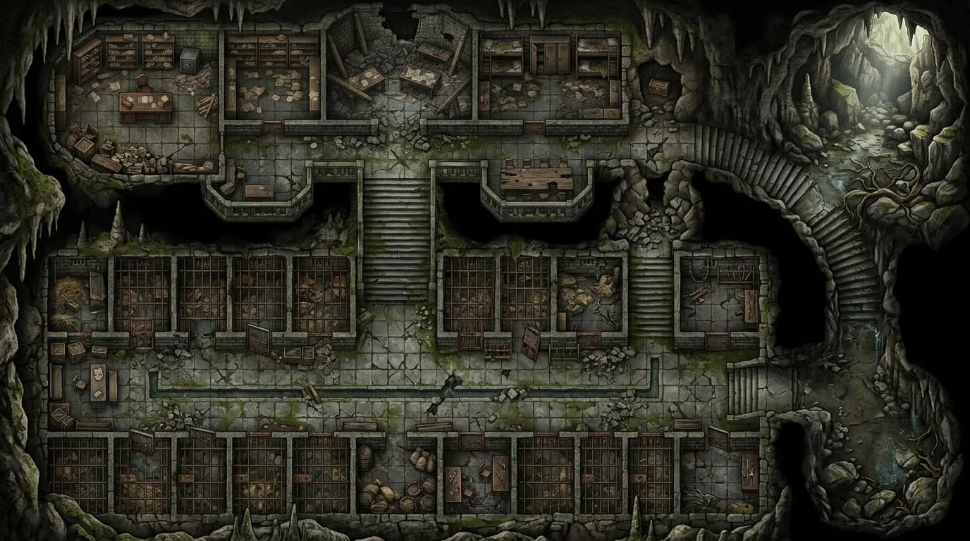 illustration of a prison with linked rooms and passages