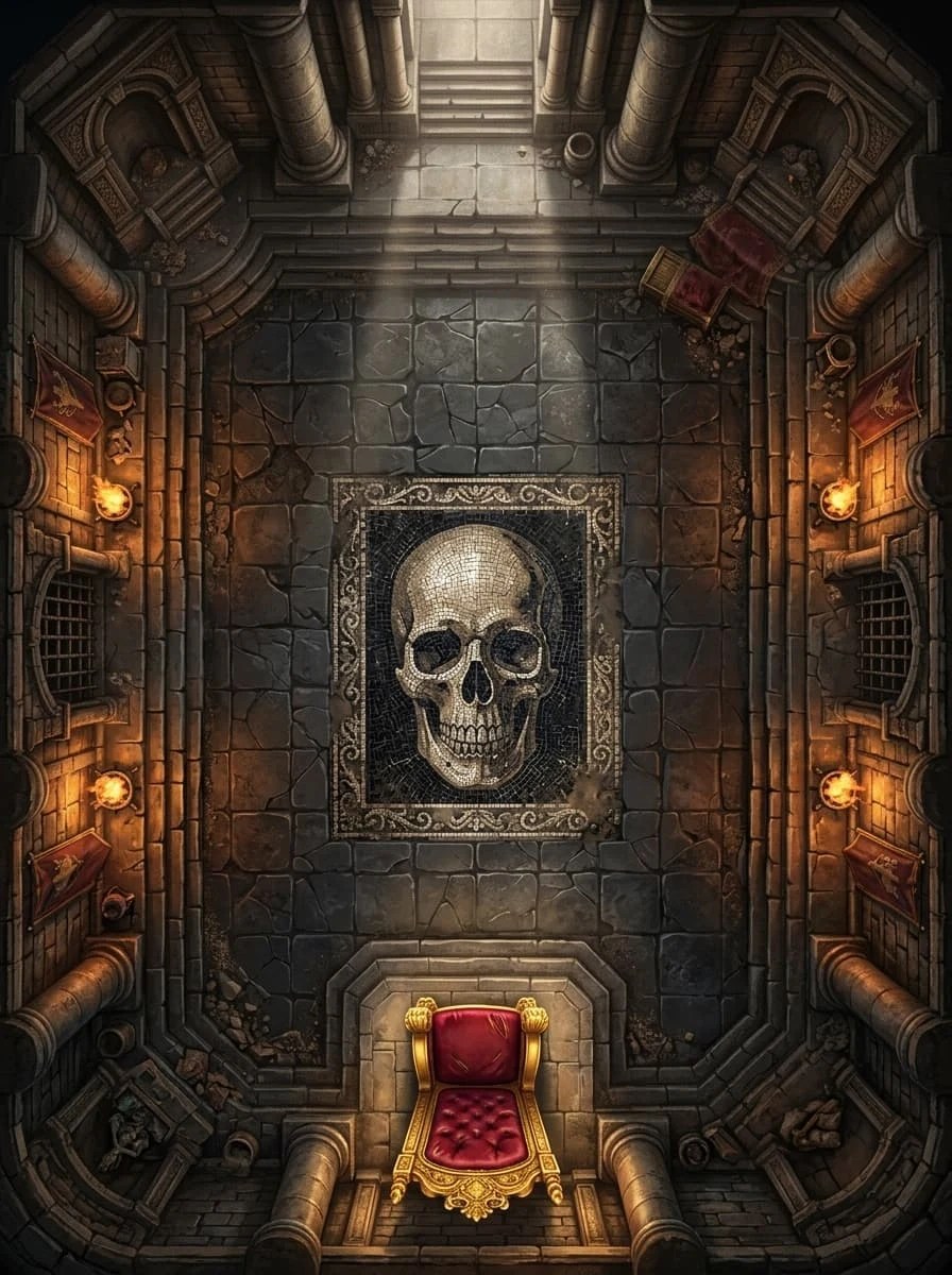 illustration of a torchlit boss chamber with a throne