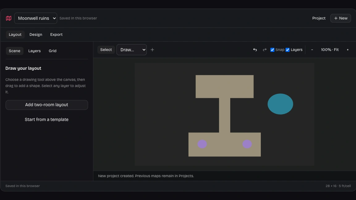 Our map workspace with editable room layout and tactical layers