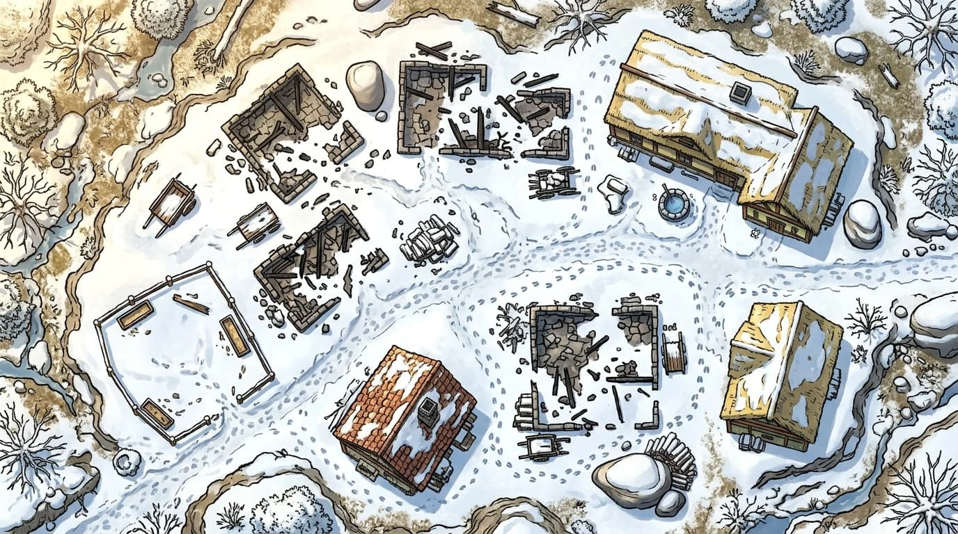 illustration of a snowy settlement with open paths between buildings