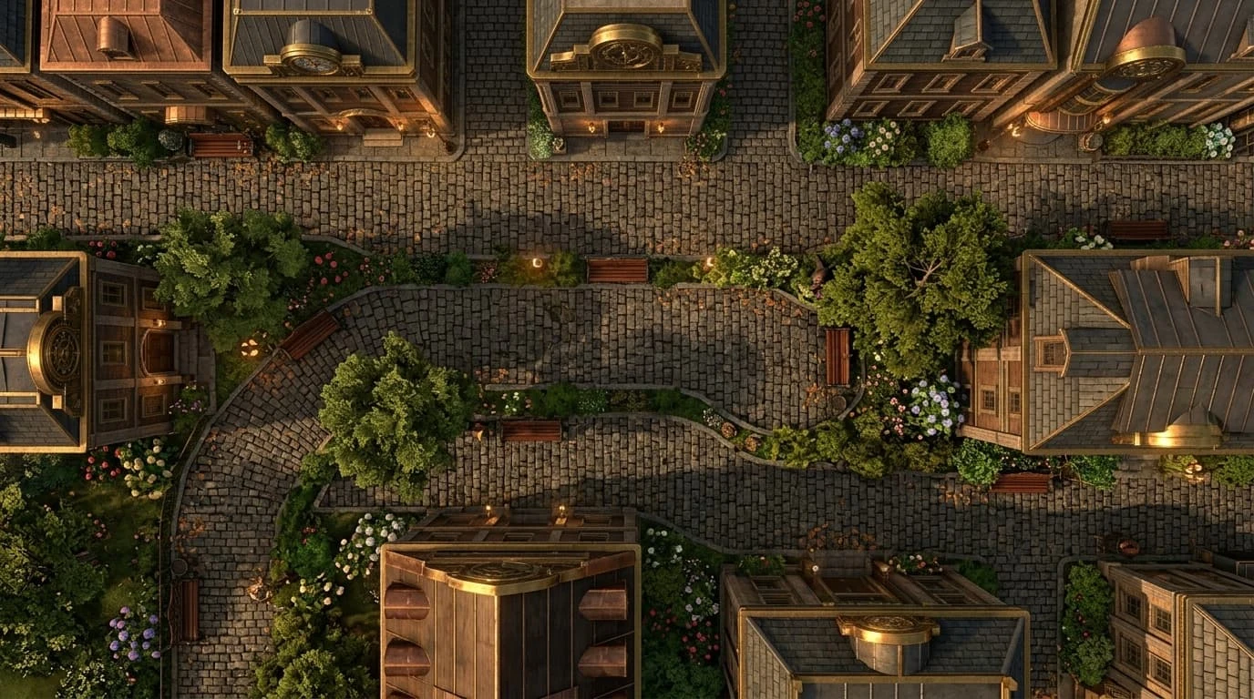 illustration of a cobblestone street and surrounding buildings