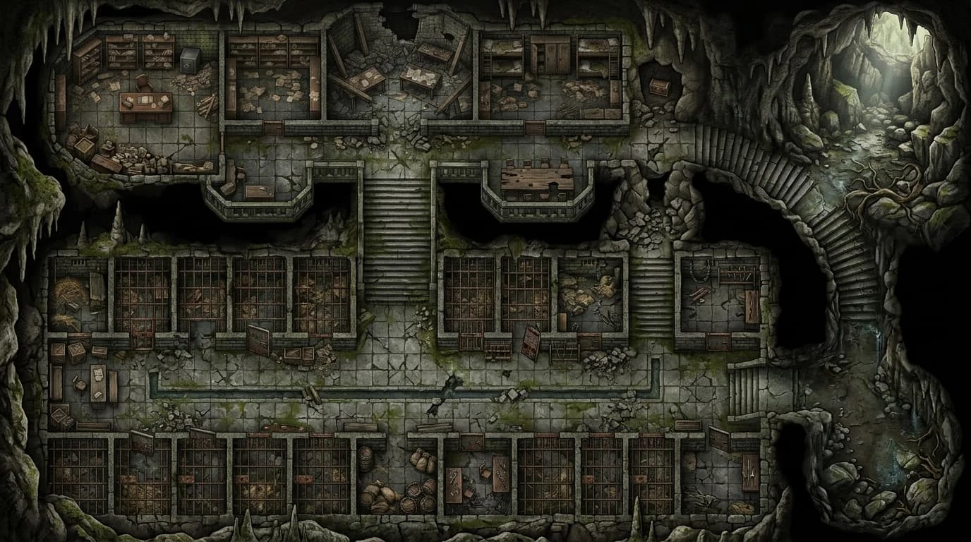 illustration of connected prison rooms and stone corridors