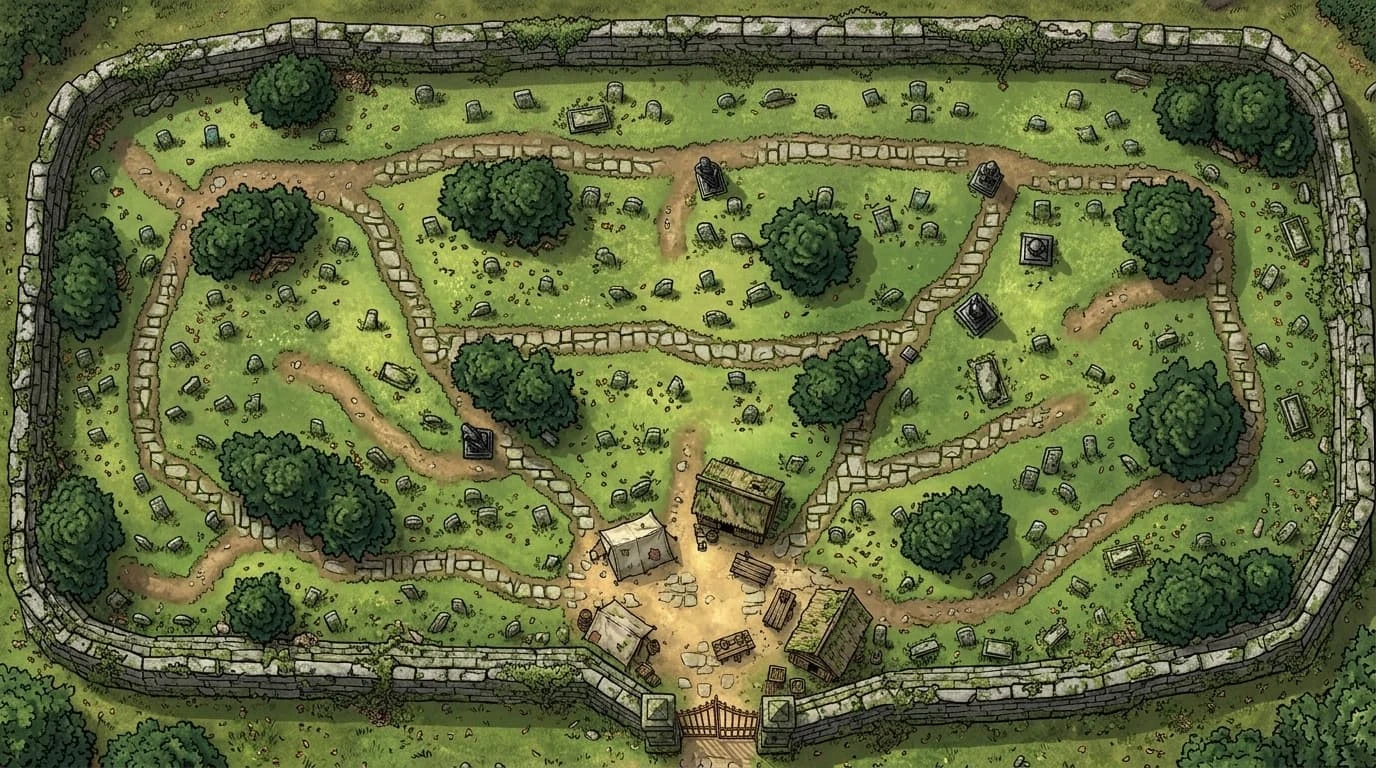 illustration of a walled graveyard with paths and trees