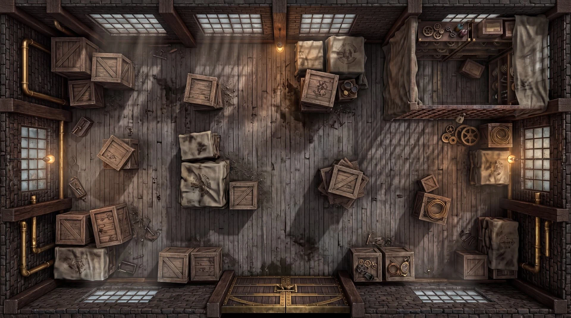 illustration of a warehouse with crates and open aisles